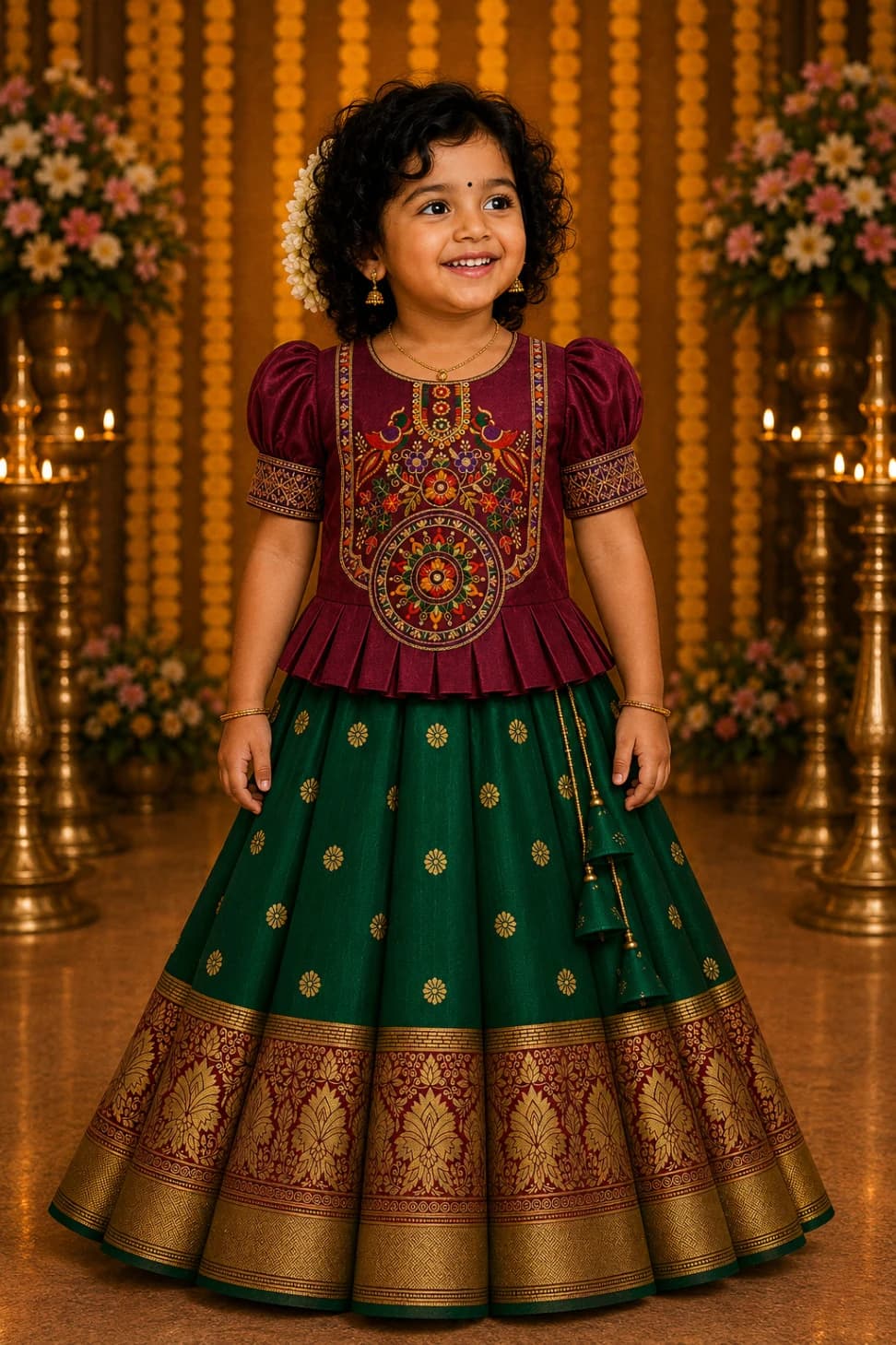 Girl wearing the Kiara green and maroon peacock work pattu pavadai from the AMZIRA inventory