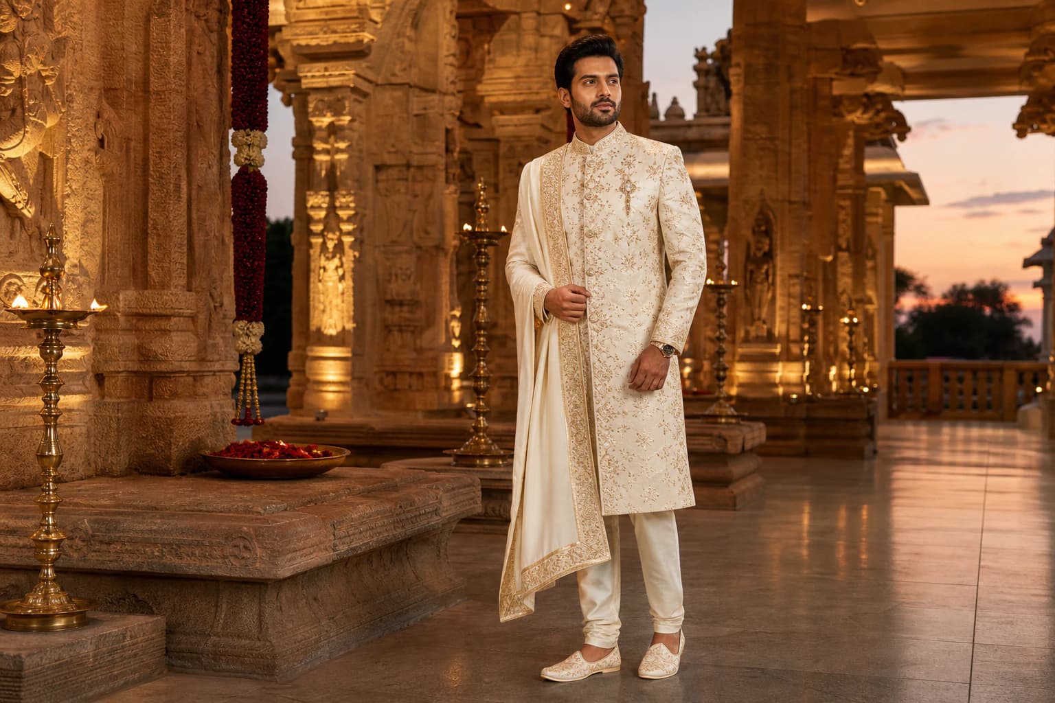 Man wearing an ivory and antique-gold sherwani in a South Indian temple mandapam