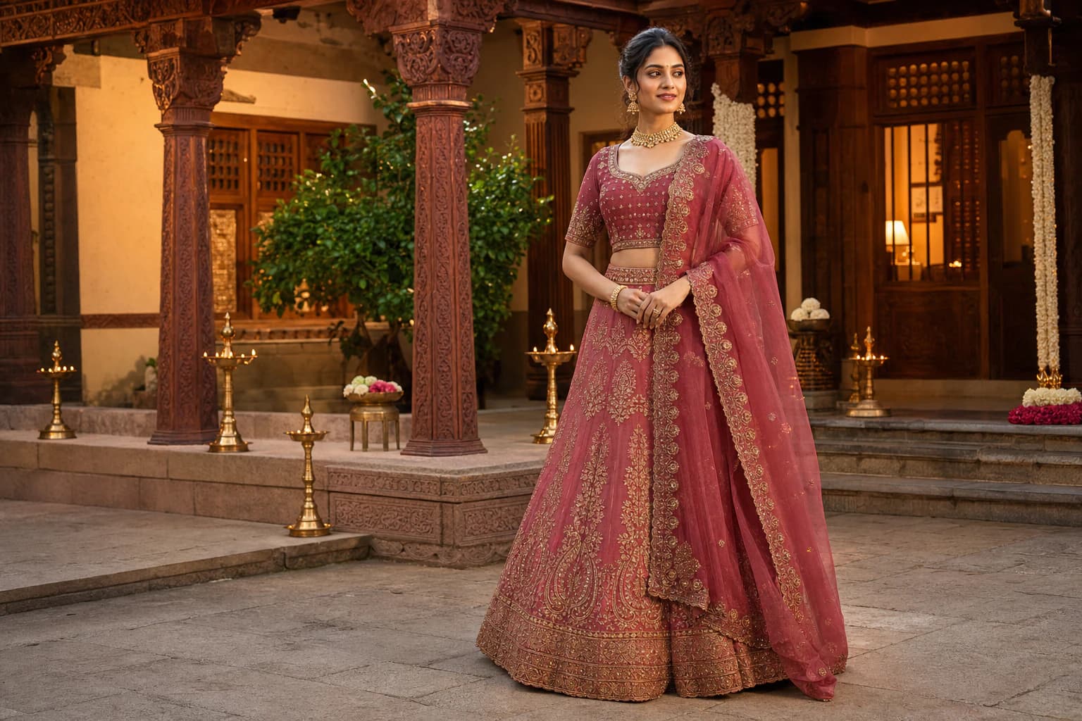Woman wearing a deep rose and gold South Indian lehenga in a heritage courtyard