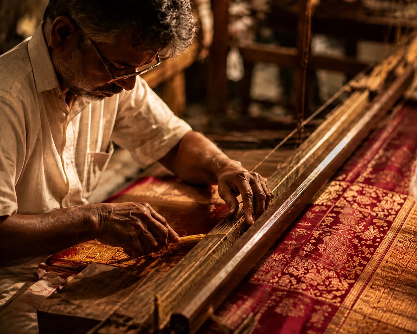 A South Indian master weaver crafting maroon and gold silk on a traditional handloom