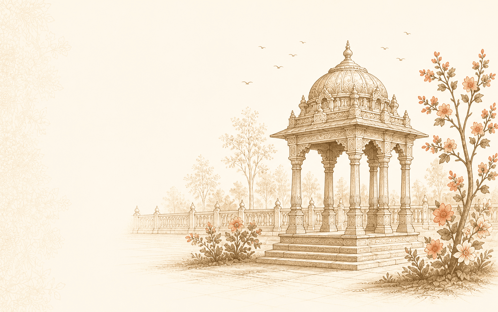 Illustrated domed ceremonial pavilion in a peaceful flowering garden